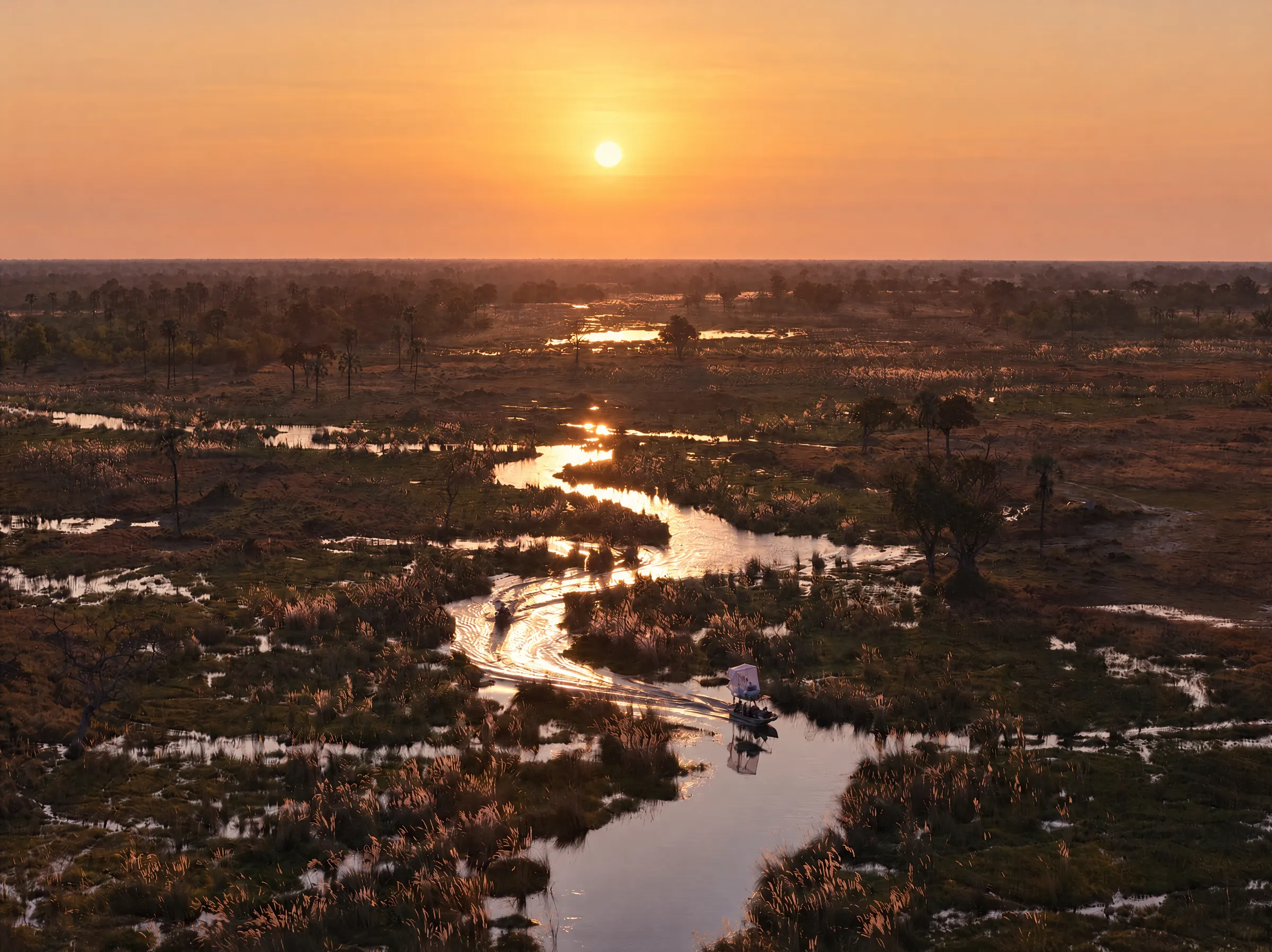The sun setting over a winding channel of the Delta, seen from the air, a boat on the water