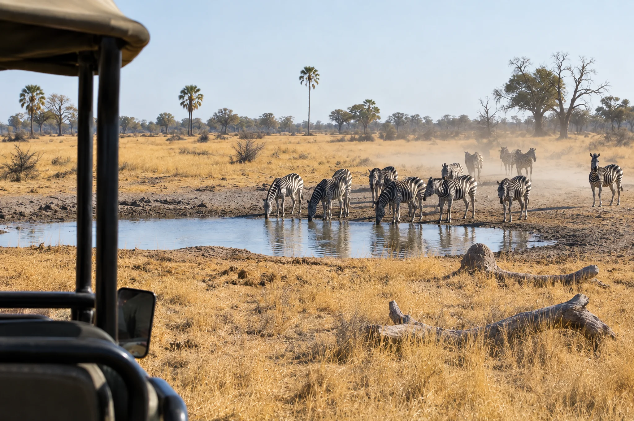 Zebra drinking at the last pool on a dry, golden floodplain, seen from the game vehicle