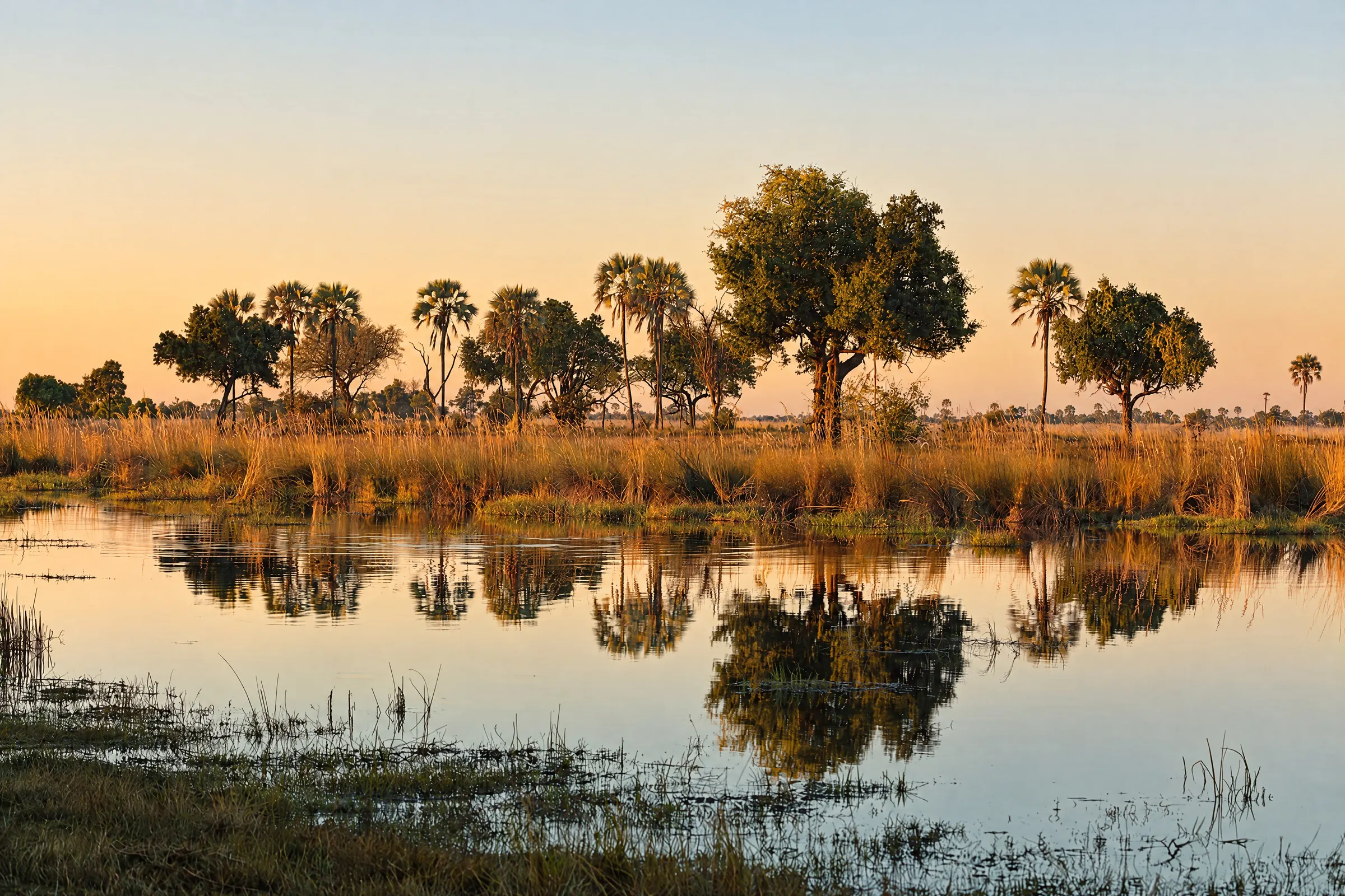 Palms and trees reflected in a still lagoon, in the low sun