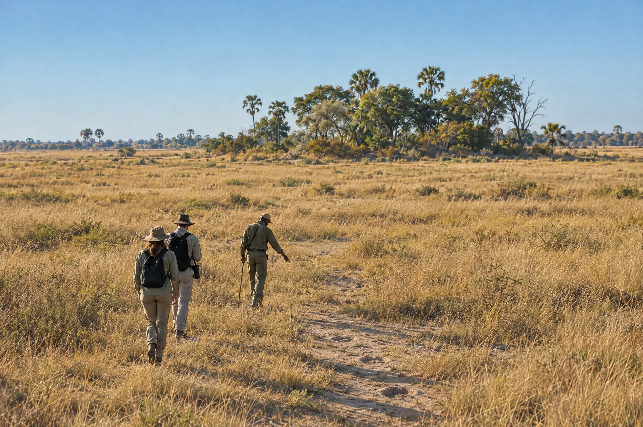 A guide leading two guests on foot across the dry floodplain, pointing at tracks in the sand