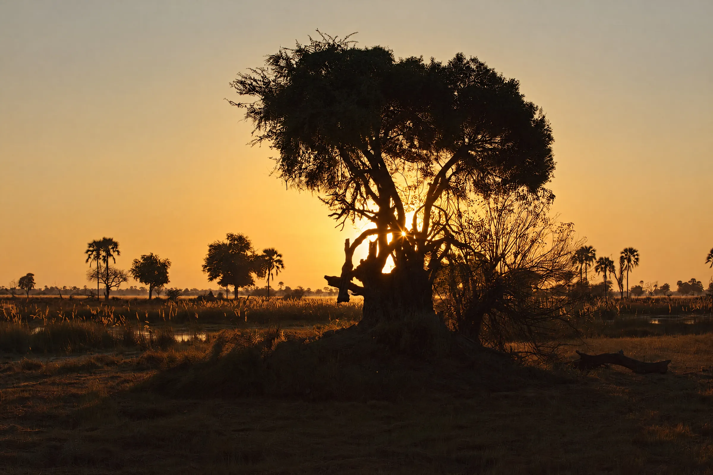 A tree in silhouette against the setting sun, with palms along the horizon