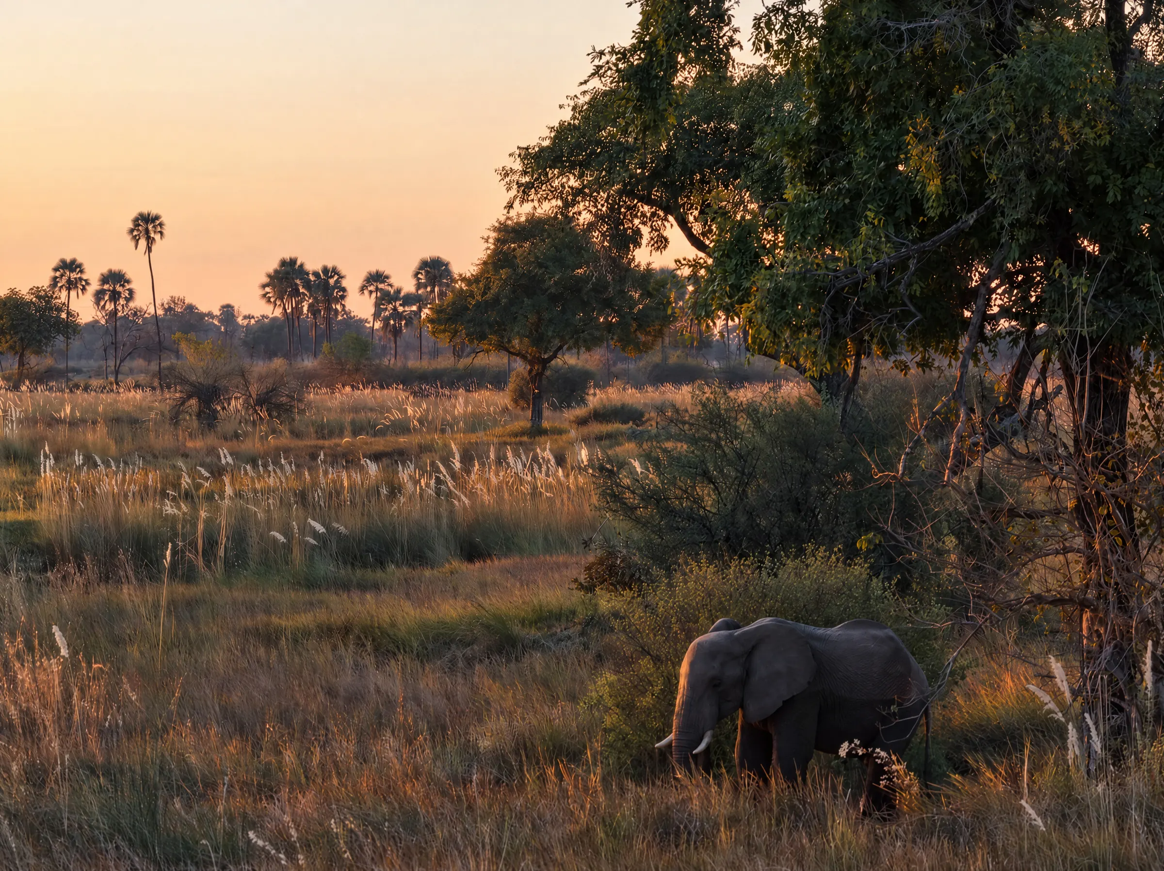 An elephant feeding in the long grass under a tree, palms on the horizon at dusk