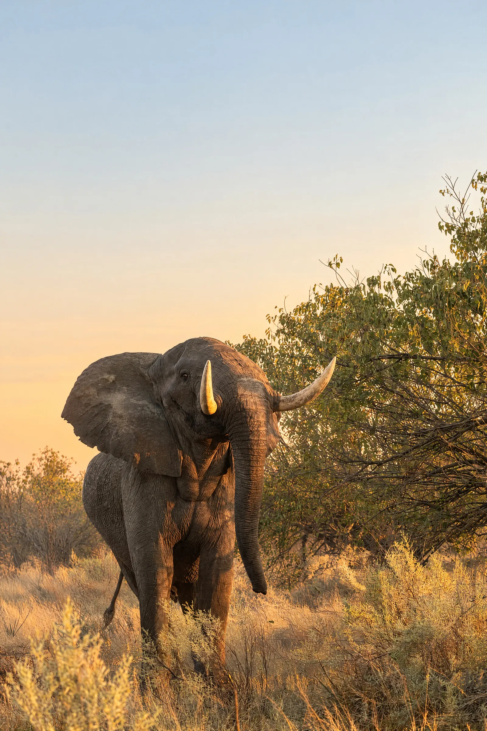 An elephant walking through golden grass towards the camera, at the end of the day