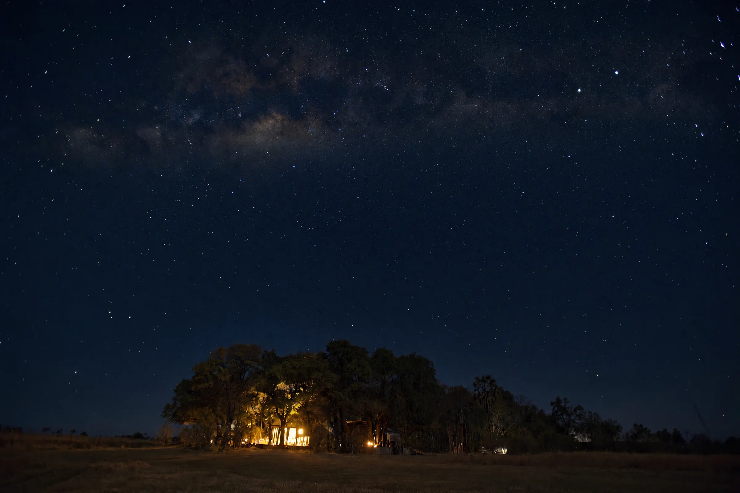The Milky Way over a tree island, a few lights among the trees