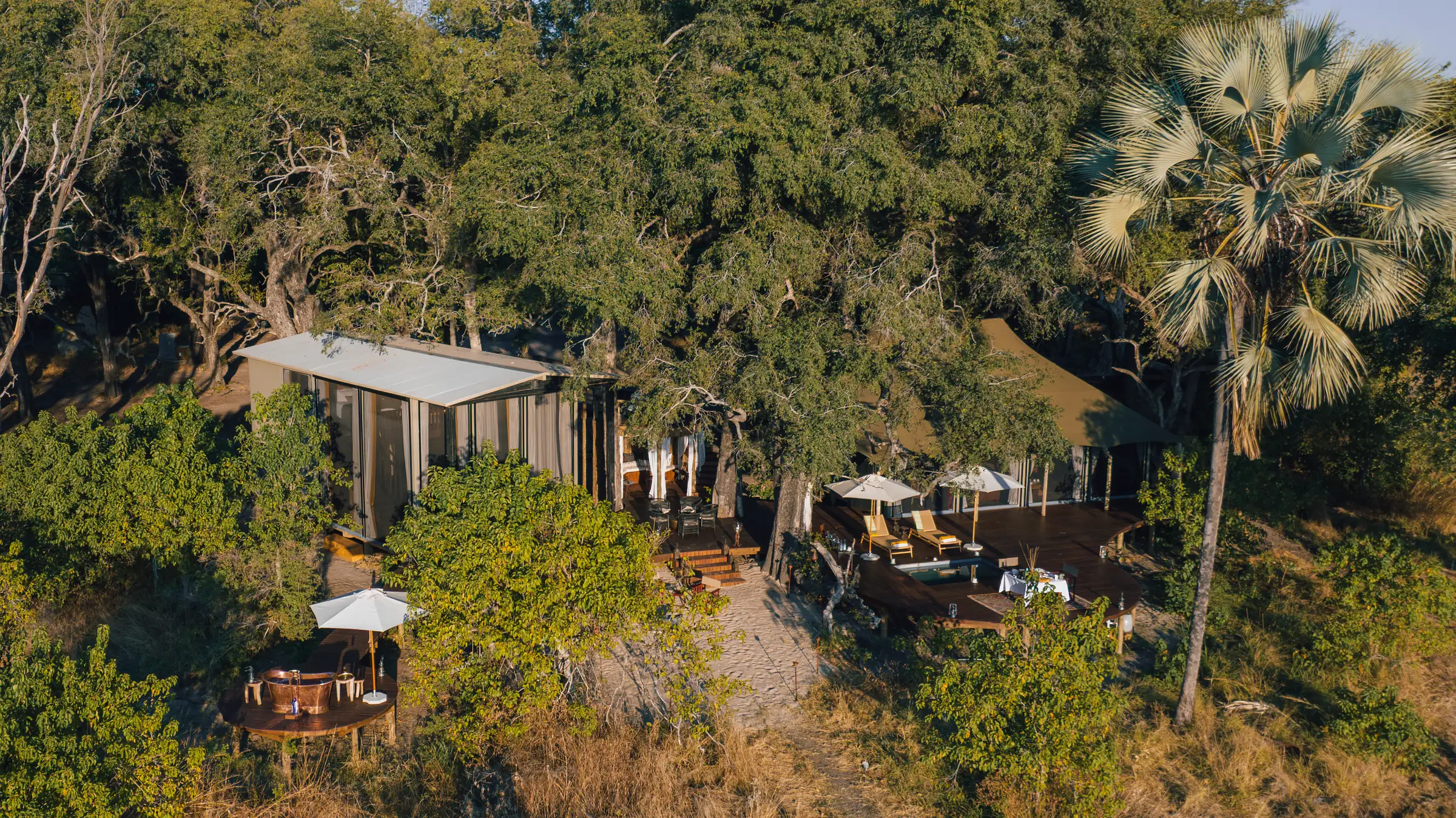 A villa among the trees seen from above: its houses, the deck with parasols and a palm beside it
