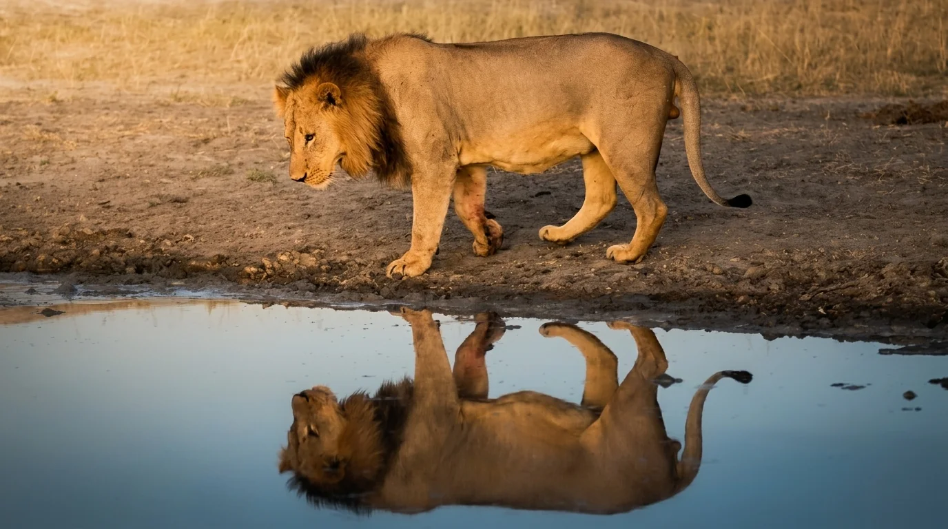 A male lion walking past a pool of water, reflected in it