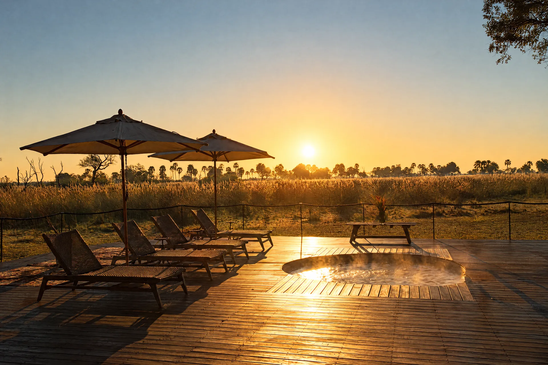 The pool terrace at sunrise, steam rising off the water