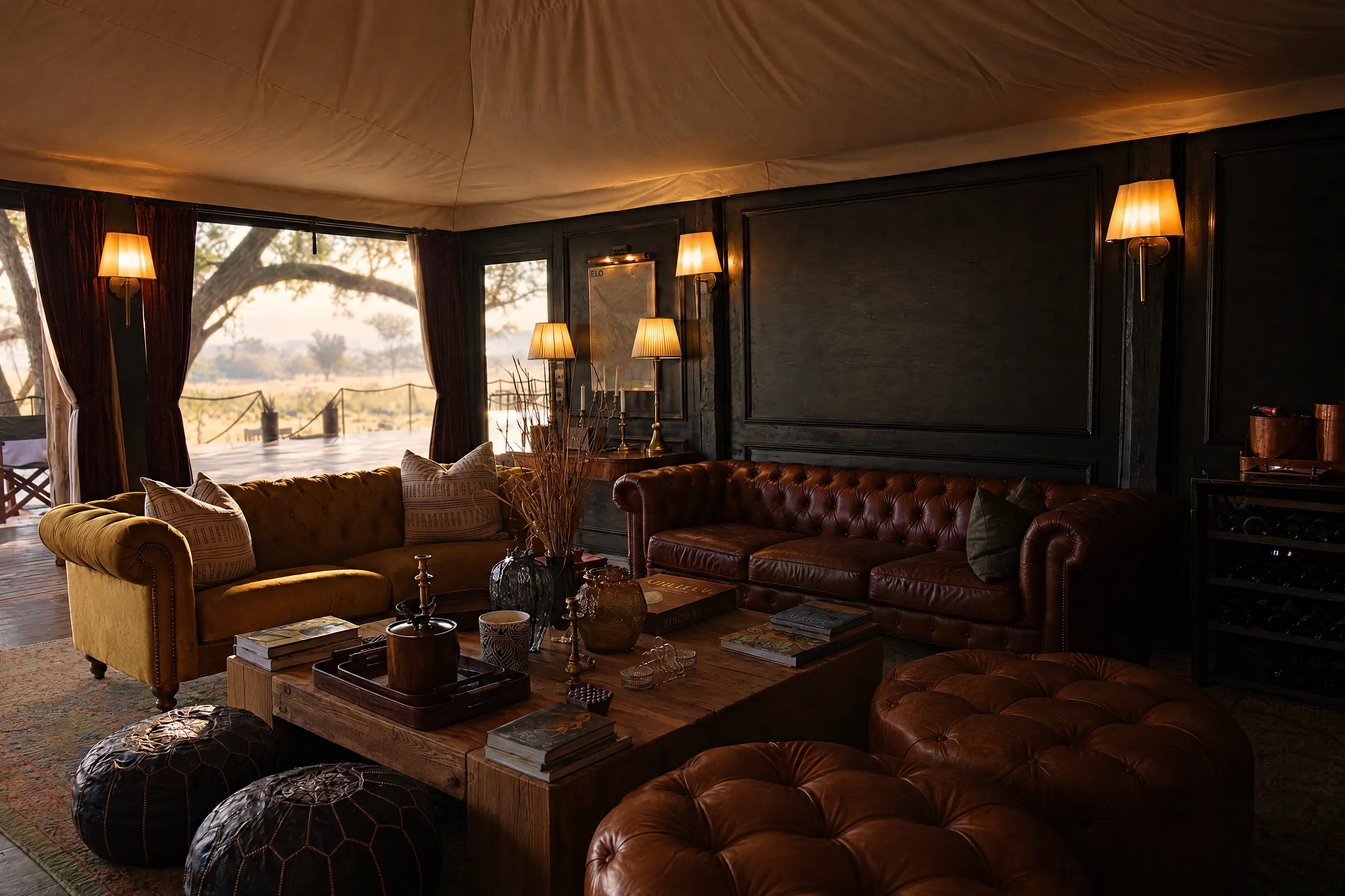 Chesterfield sofas and leather ottomans in the lounge house, the wall lamps lit and the deck beyond the windows