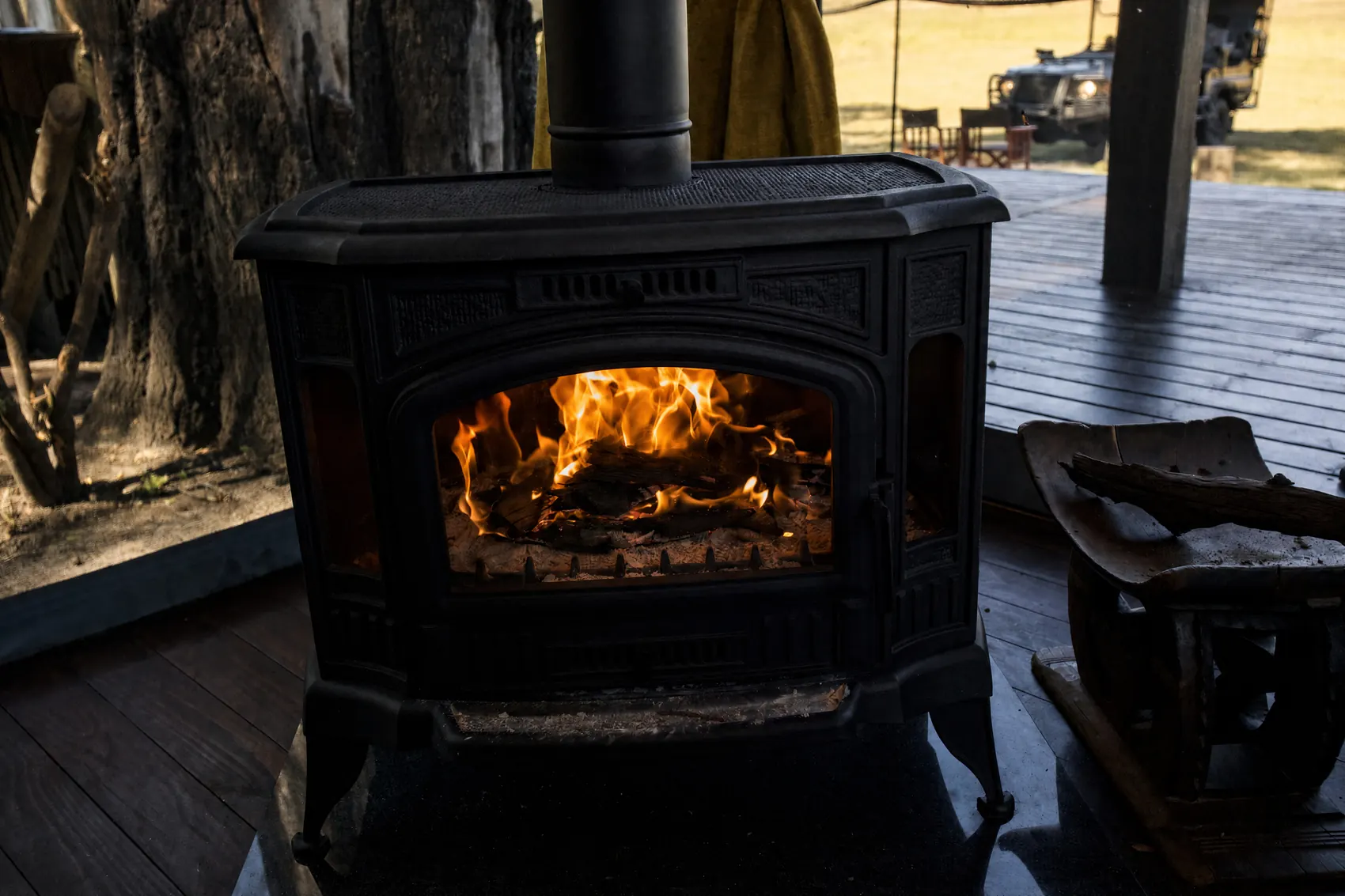 A wood burner on the villa deck