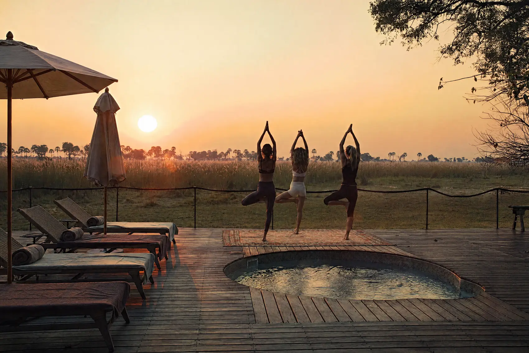 Three guests in tree pose on the deck beside the plunge pool, at sunrise